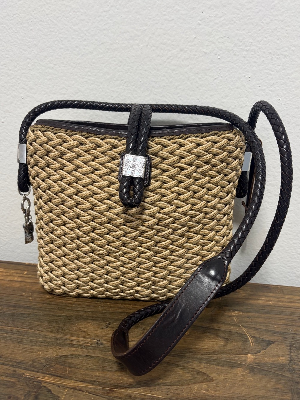 Vintage Brighton Basket Woven Textile Braided Leather Handled Shoulder Bag